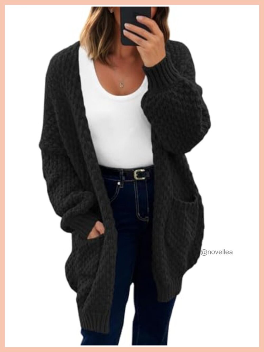 Oversized Open Front Cardigan Waffle Knit Slouchy Lantern Sleeve Winter Layer